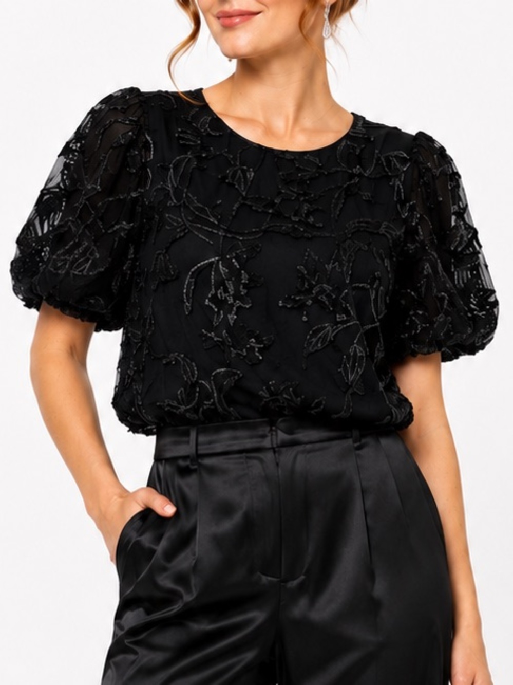 NWT Adrianna Papell Dark Romantic 3-D Floral Black/Silver Puff Sleeve Blouse XL